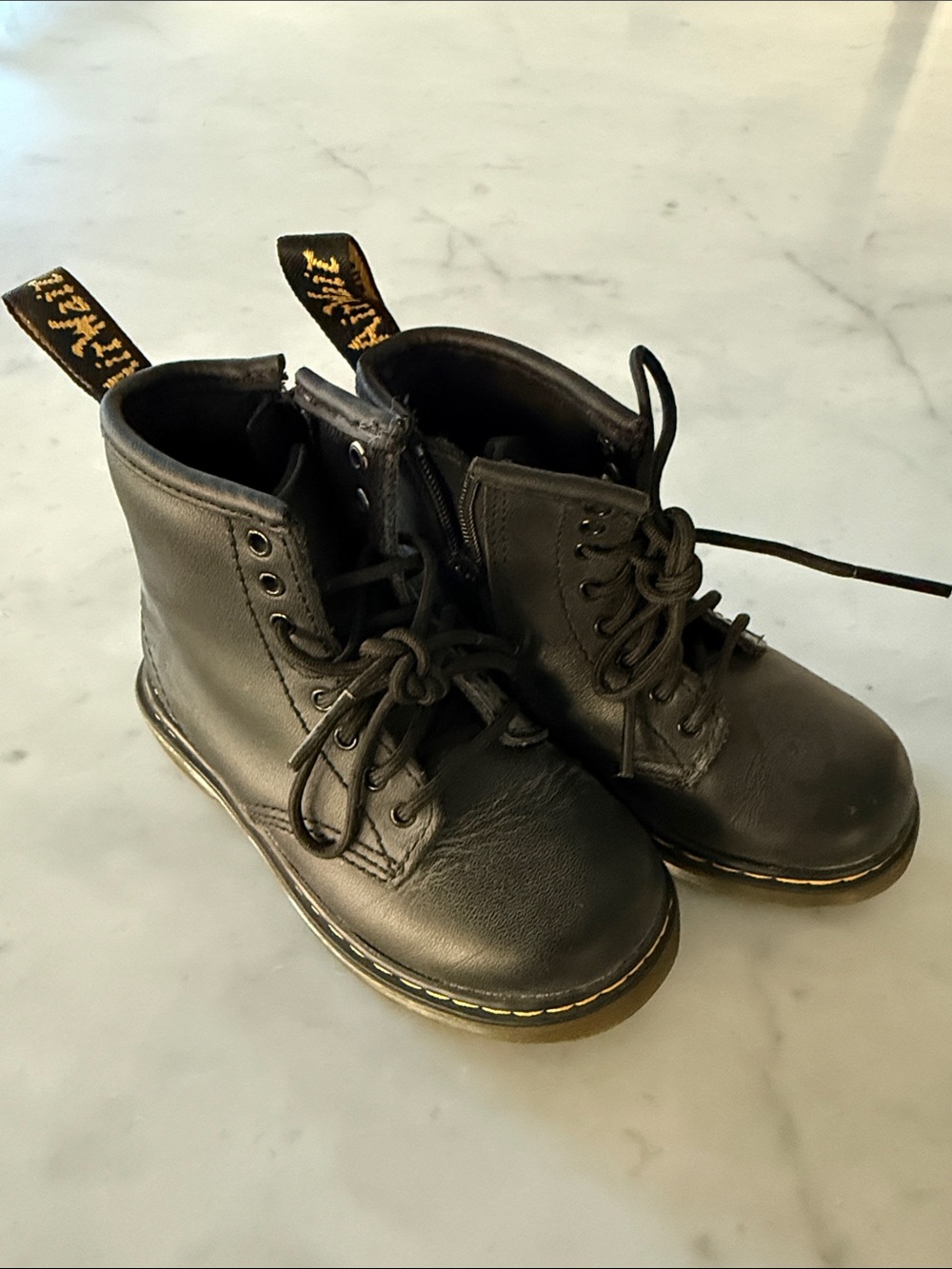 Dr. Martens Kids Black Lace-Up Leather Boots with Yellow Stitching Size 8